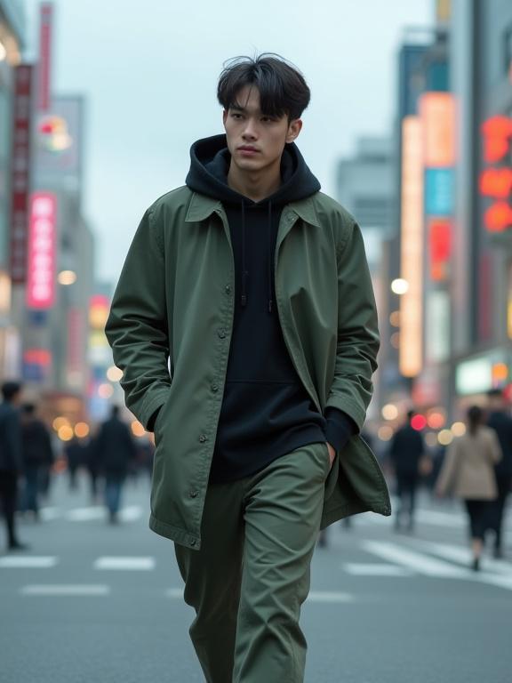 A model in stylish Kaiyo streetwear against a blurred urban background.