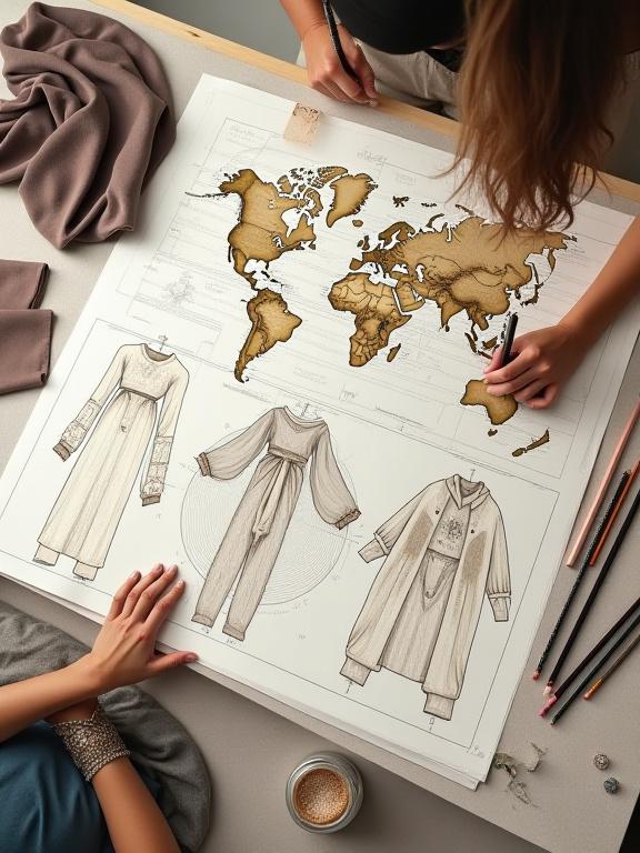 デザインテーブルの上に広げられた地図、生地見本、デザインスケッチ