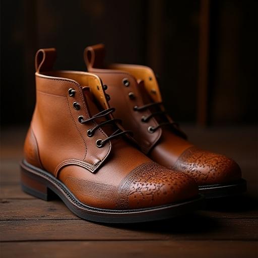 京都の古地図が刻印された茶色のレザーブーツ