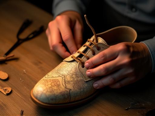 職人の手が地図パターンの靴を縫製しているクローズアップ